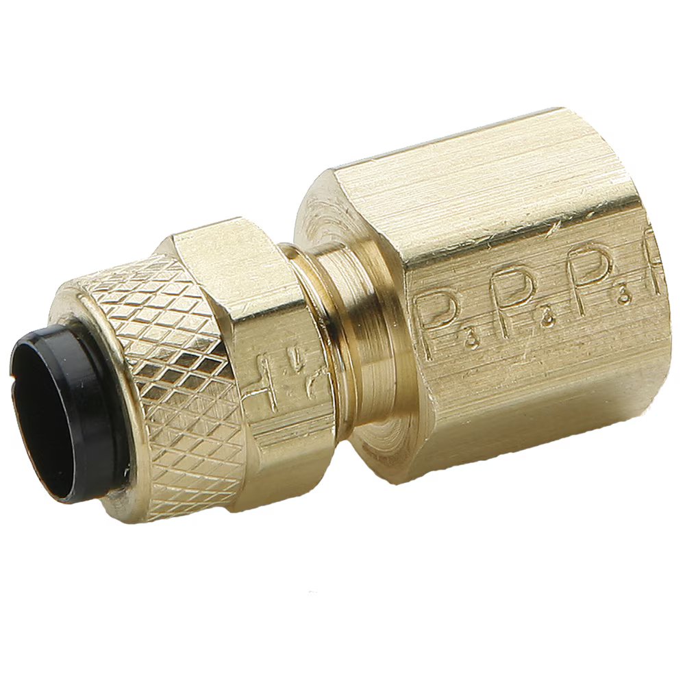 66P-8-6 by Parker | Poly-Tite Fittings | 1/2" Tube Size Connector x 3/8" Female Pipe Thread x 11/16" Thread | 13/16" Hex | 1.31" Length | Straight | Brass | Pack of 10