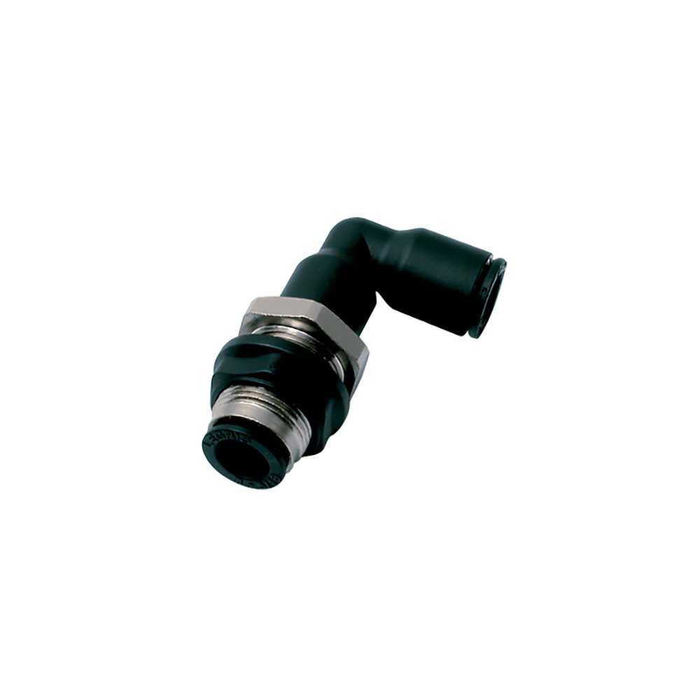 3139 60 00 by Parker | Equal Bulkhead | 3/8" Push-to-Connect x 3/8" Push-to-Connect | 22 mm Hex (F1) | 22 mm Hex (F2) | 90° Elbow | Nylon | Pack of 10 | Pack of 10