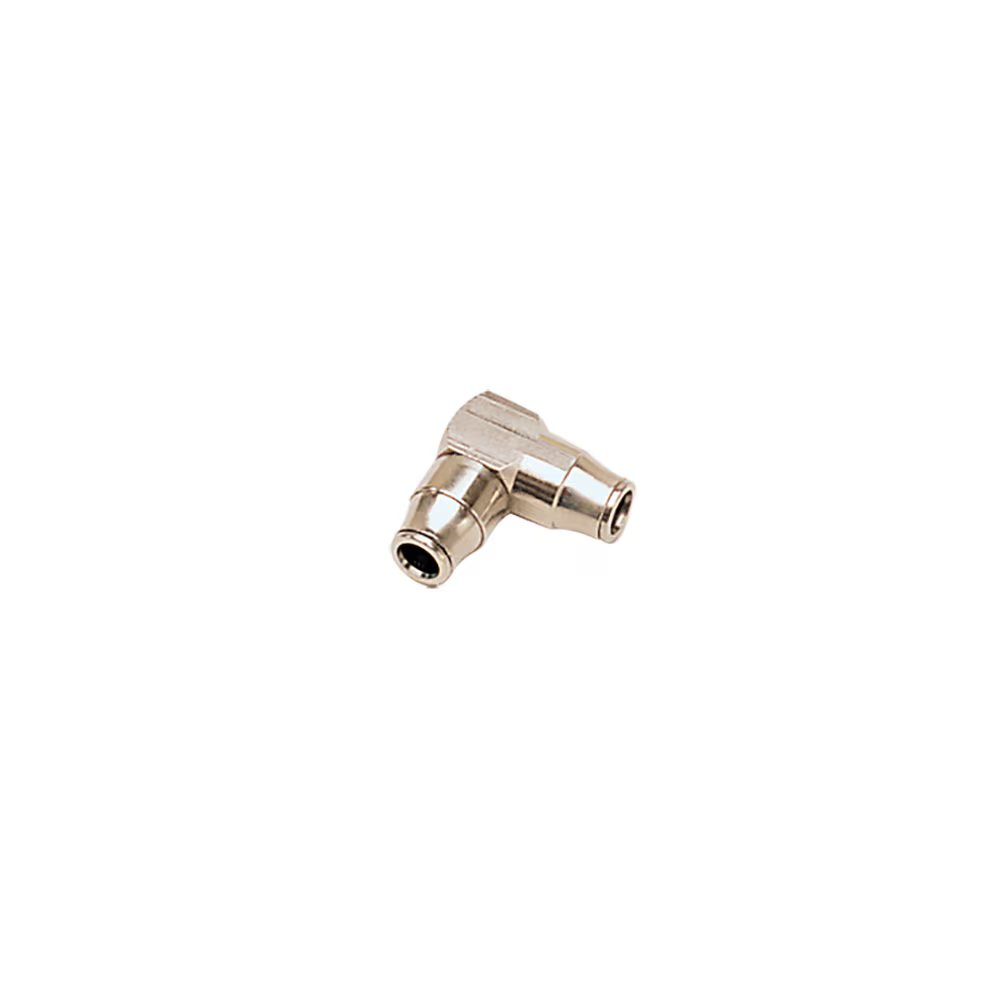 3202 03 00 by Parker | Legris Tube Connector | 3 mm Tube Size | 13.5 mm Length | 90° Elbow | Nickel-Plated Brass | Pack of 10