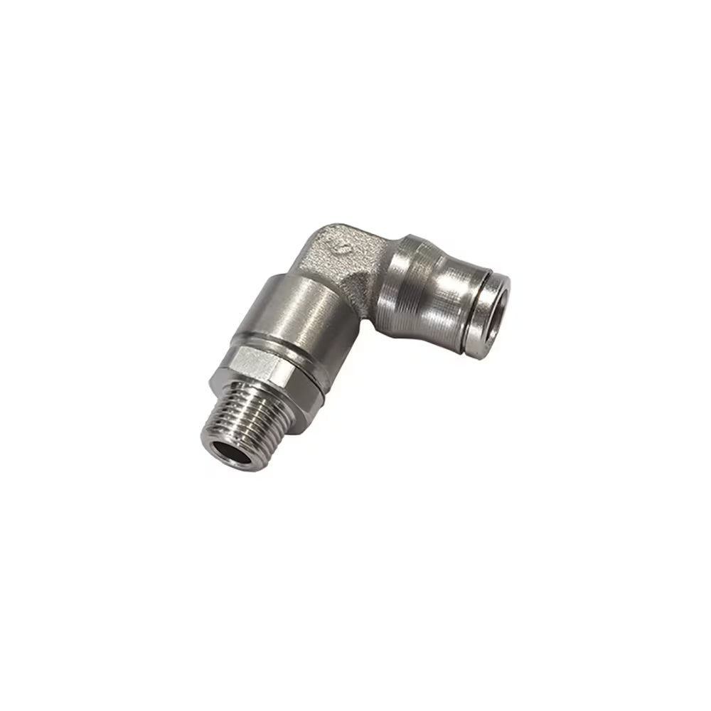 3629 04 10 by Parker | Legris Extended Stud Swivel Fitting | 4 mm Tube Size x 1/8" Male BSPT Thread | 10 mm Hex | 90° Elbow | Nickel-Plated Brass | Pack of 10