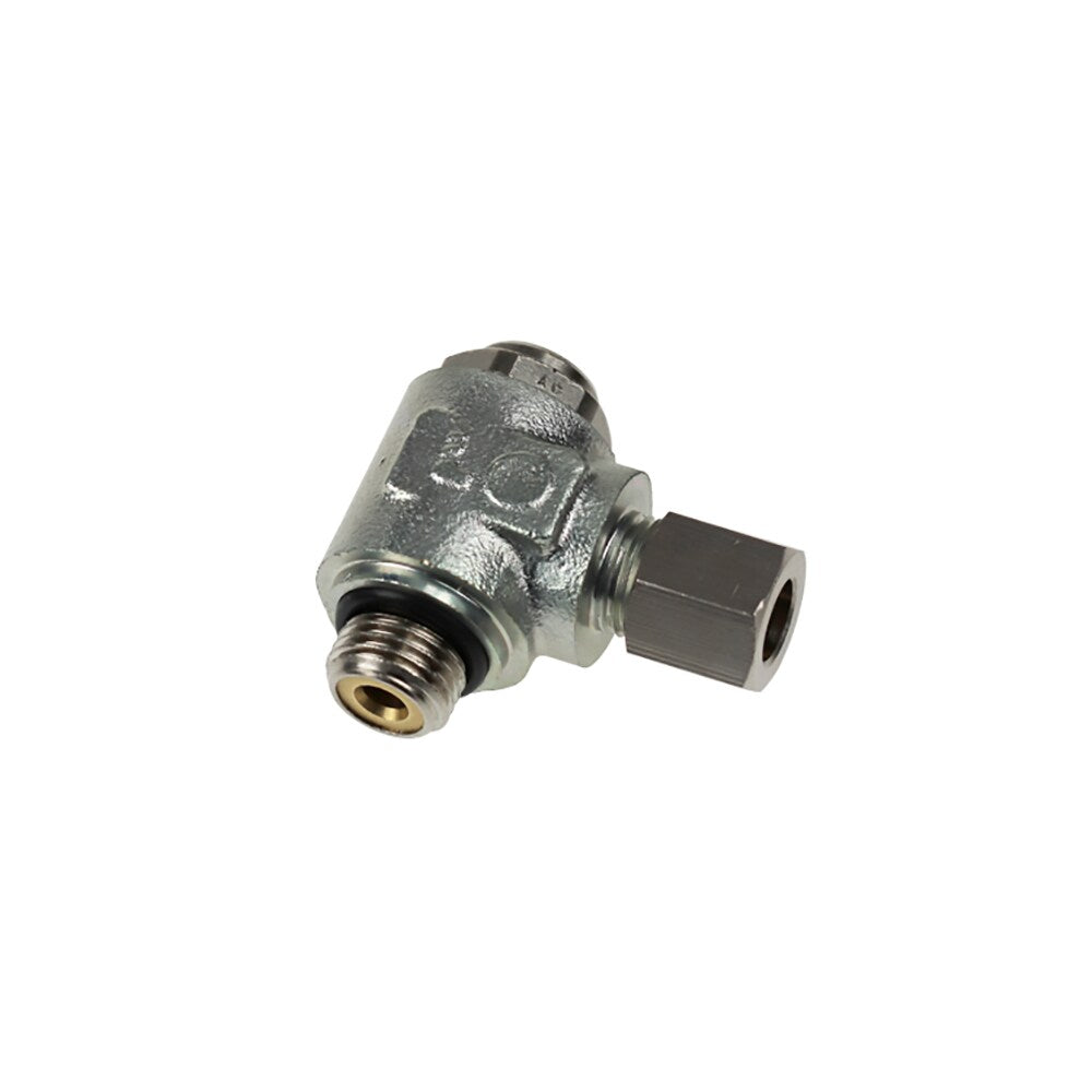 7160 06 10 by Parker | Legris Flow Regulator with Brass Compression Fitting | 6mm Tube Size x 1/8" Male BSPP Thread | 13mm Hex | 90° Elbow | Nickel-Plated Brass | Pack of 5