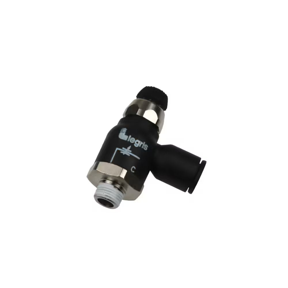 7067 06 13 by Parker | Legris Bi-Directional Compact Flow Regulator | 6mm Tube Size x 1/4" Male BSPT Thread | 16mm Hex | 90° Elbow | Polymer | Pack of 10