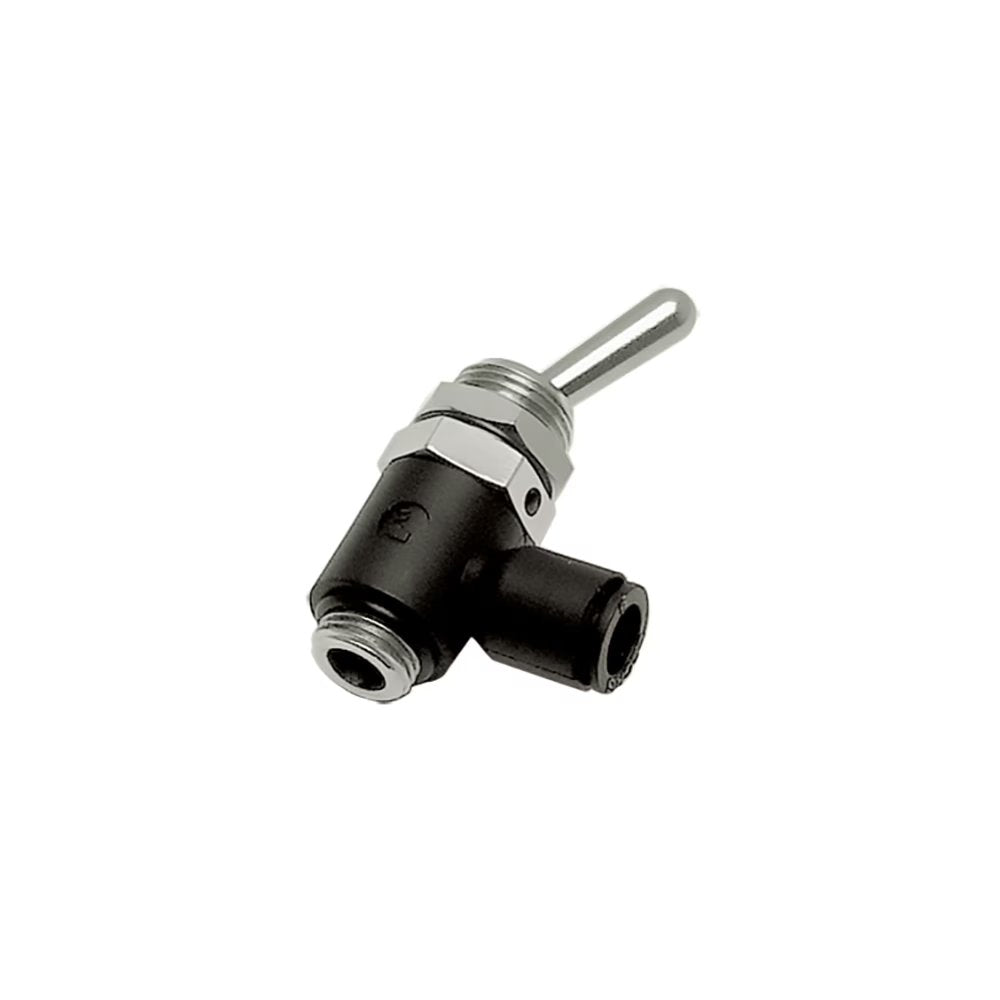 7800 06 13 by Parker | Legris 3/2 Manual Switch-Operated Valve Supply | 6 mm Tube Size x 1/4" Male BSPP Thread | 90° Elbow | Polymer