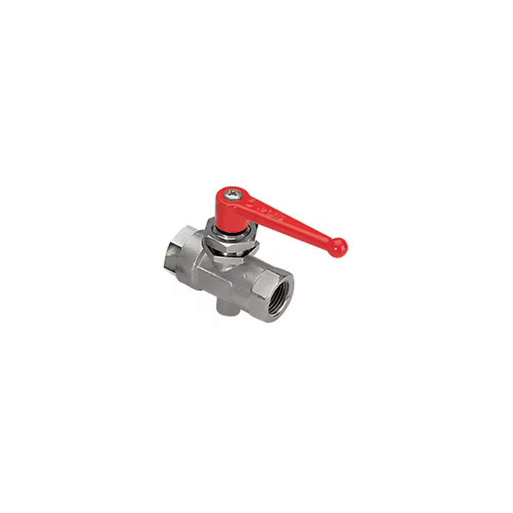 0449 10 17 by Parker | Legris Panel-Mountable In-Line Exhaust Port Ball Valve | M5x0.8 Female Metric Thread x 3/8" Female BSPP Thread | 24 mm Hex (F) | 24 mm Hex (F1) | 90° Elbow | Nickel-Plated Brass