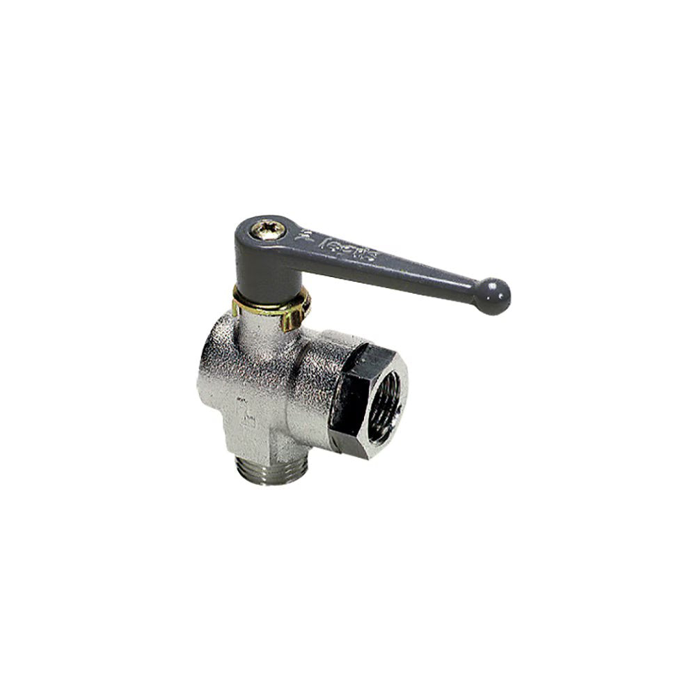 0471 12 21 by Parker | Legris In-Line Ball Valve | 1/2" Male BSPP Thread x 1/2" Female BSPP Thread | 27mm Hex | 90° Elbow | Nickel-Plated Brass | Pack of 5