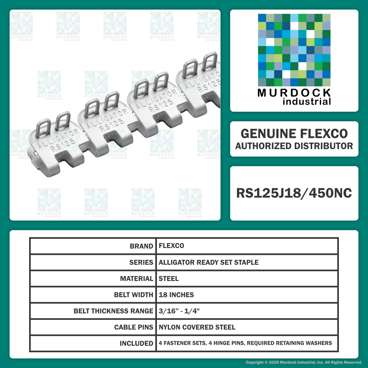 RS125J18/450NC by Flexco | #54518 | Alligator Ready Set Staple | 18" Belt Width | Nylon Covered Steel Cable Pins | Steel