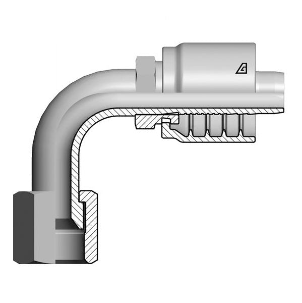 S-1010-FJ9L Alfagomma by Kuriyama | S Series | One-Piece AlfaCrimp Hydraulic Hose Fitting | with Stem Hexagon | 90° Elbow | Long Drop | -10 Female 37° JIC Swivel x -10 Hose ID | Steel
