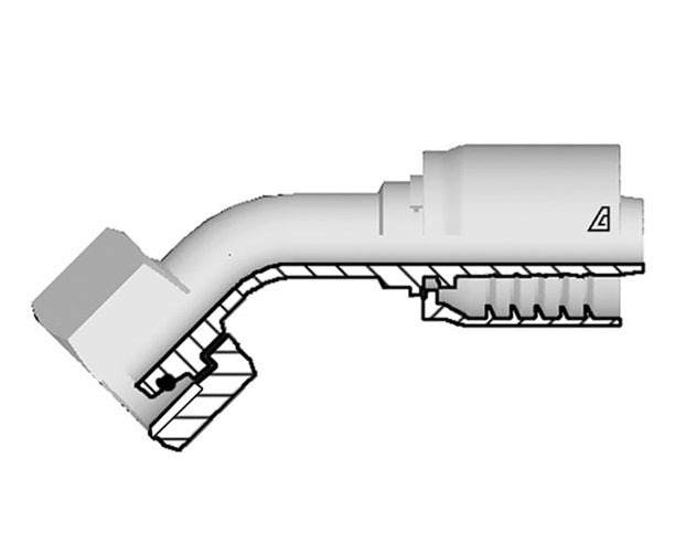S-1642-FM4H Alfagomma by Kuriyama | S Series | One-Piece AlfaCrimp Hydraulic Hose Fitting | 45° Elbow | DIN 3865 Heavy | M42 Female Metric Swivel O-Ring 24° Seat x -16 Hose ID | Steel