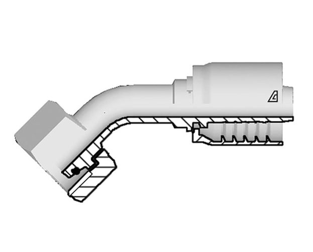 S-2045-FM4L Alfagomma by Kuriyama | S Series | One-Piece AlfaCrimp Hydraulic Hose Fitting | 45° Elbow | DIN 3853 Light | M45 Female Metric Swivel O-Ring 24° Seat x -20 Hose ID | Steel