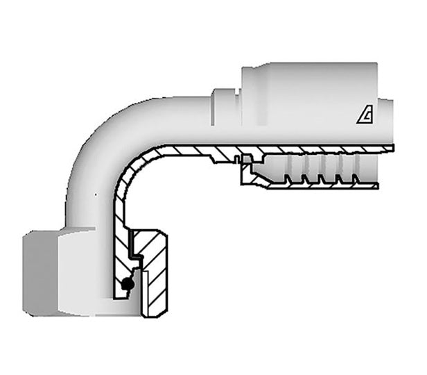 S-1642-FM9H Alfagomma by Kuriyama | S Series | One-Piece AlfaCrimp Hydraulic Hose Fitting | 90° Elbow | DIN 3865 Heavy | M42 Female Metric Swivel O-Ring 24° Seat x -16 Hose ID | Steel