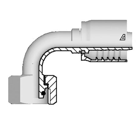S-1026-FM9L Alfagomma by Kuriyama | S Series | One-Piece AlfaCrimp Hydraulic Hose Fitting | 90° Elbow | DIN 3853 Light | M26 Female Metric Swivel O-Ring 24° Seat x -10 Hose ID | Steel