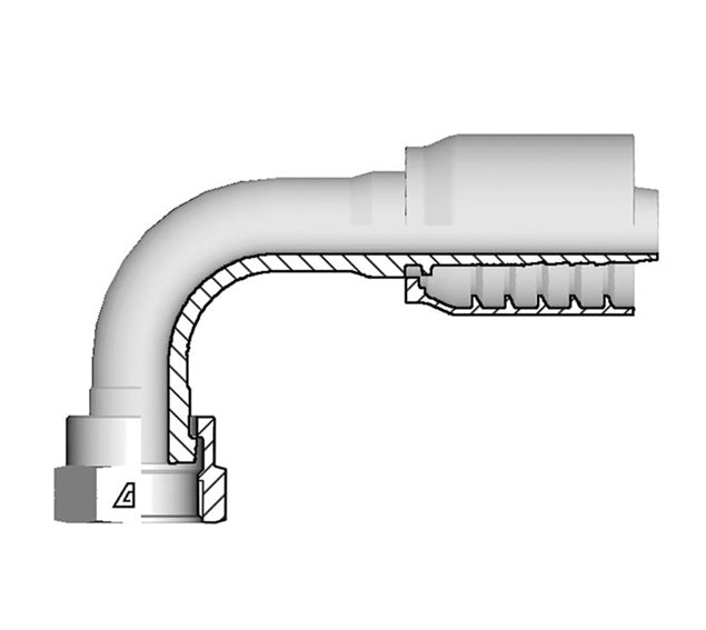 S-0606-FO9M Alfagomma by Kuriyama | S Series | One-Piece AlfaCrimp Hydraulic Hose Fitting | 90° Elbow | Medium Drop | -06 Female ORFS x -06 Hose ID | Steel