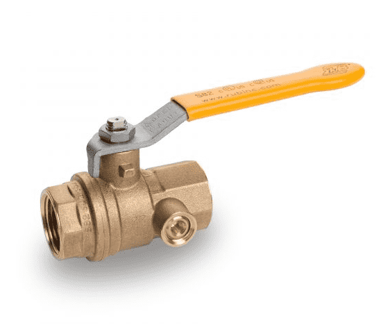 S82F41 by RuB Inc. | Gas Service Side Drain Ball Valve | 1" Female NPT x 1" Female NPT | with Yellow Steel Handle | Brass | Pack of 9