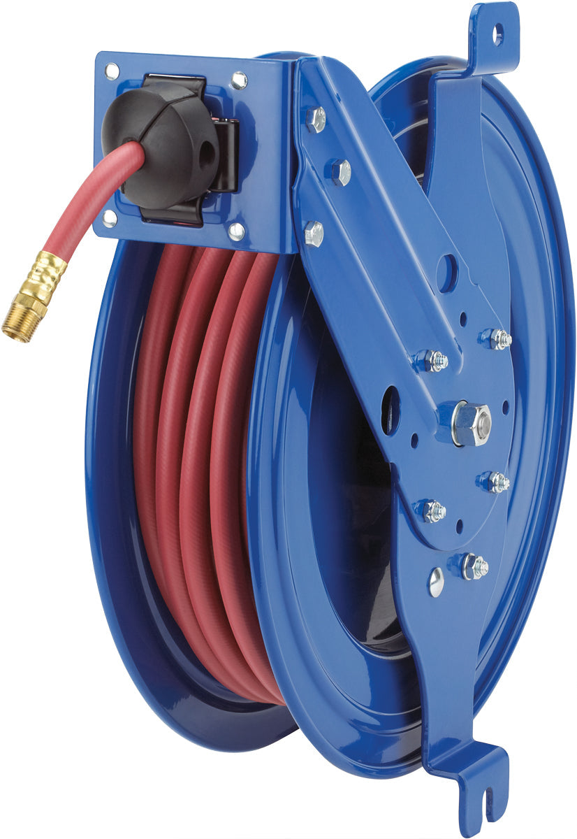 SG17-L350 by Coxreels | SG Series | 300 PSI Side Mount Spring Driven Hose Reel with Guide Arm for Air & Water | 3/8" Hose ID, 3/8" FNPT Inlet x 3/8" MNPT Hose End | Steel | 50ft PVC Hose Included