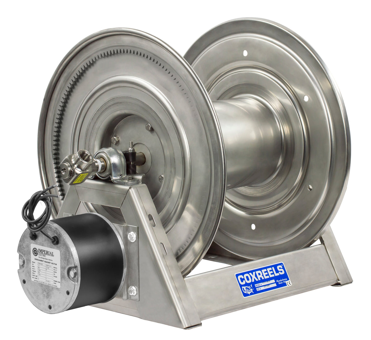 1125-5-100-E-SP by Coxreels | 1125-SS Series | 3,000 PSI Motor Driven Hose Reel | 12V DC 1/3 HP Electric Motor | 3/4" Hose ID, 3/4" FNPT Inlet | Stainless Steel | 100ft Capacity, Hose Not Included