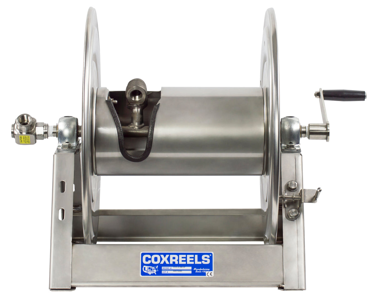 1125-4-100-SP by Coxreels | 1125-SS Series | 3,000 PSI Hand Crank Hose Reel | 1/2" Hose ID, 1/2" FNPT Inlet | Stainless Steel | 100ft Capacity, Hose Not Included