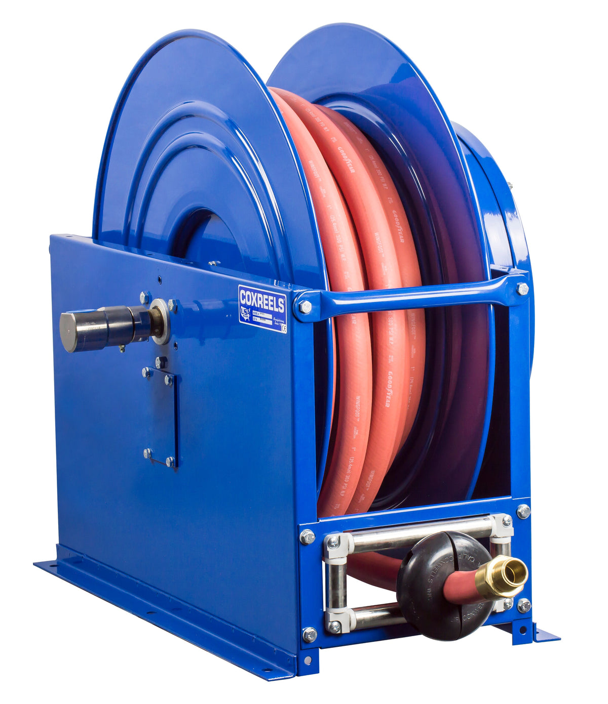 SLP-5100 by Coxreels | SP Series | 300 PSI Spring Driven Hose Reel | 3/4" Hose ID, 3/4" FNPT Inlet x 3/4" MNPT Hose End | Steel | 100ft PVC Hose Included