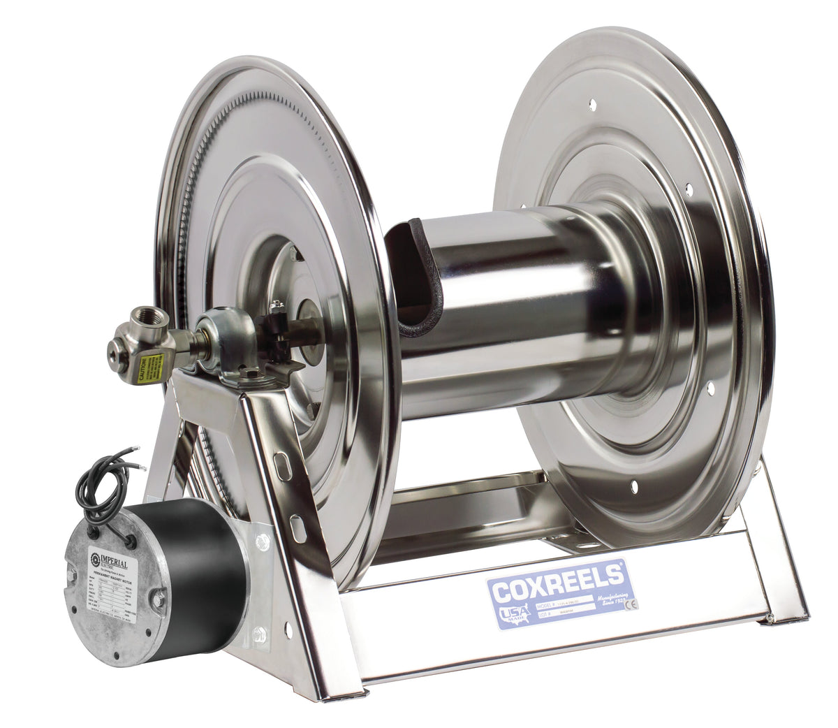1125-5-100-E-SS by Coxreels | 1125-SS Series | 3,000 PSI Motor Driven Hose Reel | 12V DC 1/3 HP Electric Motor | 3/4" Hose ID, 3/4" FNPT Inlet | Stainless Steel | 100ft Capacity, Hose Not Included