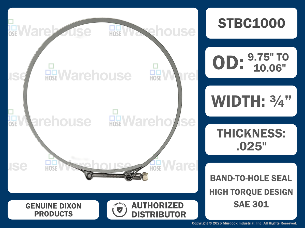 STBC1000 by Dixon Valve | Style STBC | T-Bolt Clamp | 3/4" Band Width | Hose OD Range: from 9.75" to 10.06" | 300 Stainless Steel Band & Bolt