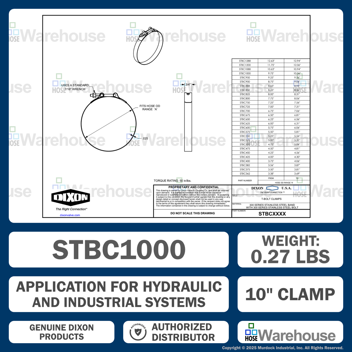 STBC1000 by Dixon Valve | Style STBC | T-Bolt Clamp | 3/4" Band Width | Hose OD Range: from 9.75" to 10.06" | 300 Stainless Steel Band & Bolt