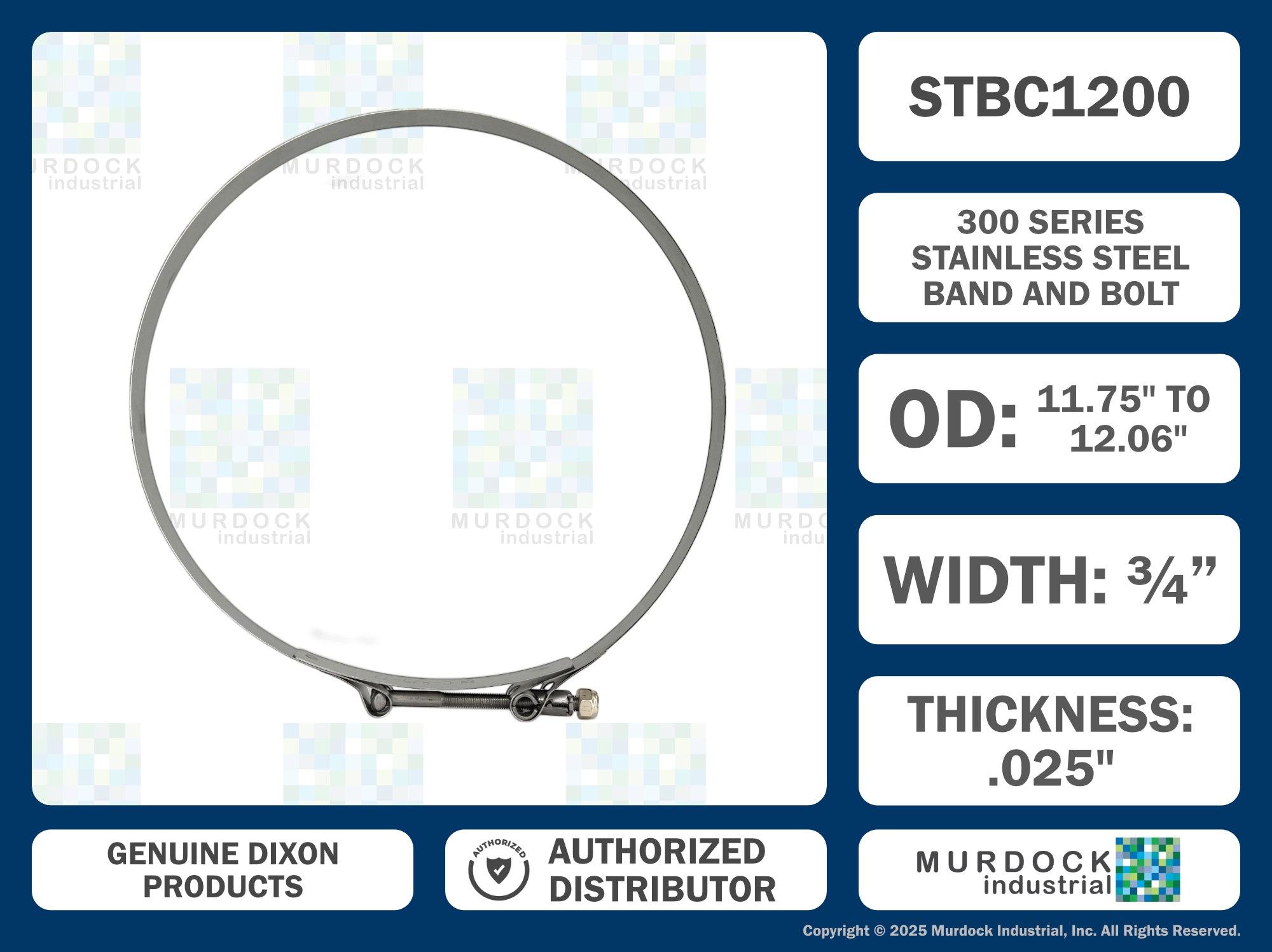 STBC1200 by Dixon Valve | Style STBC | T-Bolt Clamp | 3/4" Band Width | Hose OD Range: from 11.75" to 12.06" | 300 Stainless Steel Band & Bolt