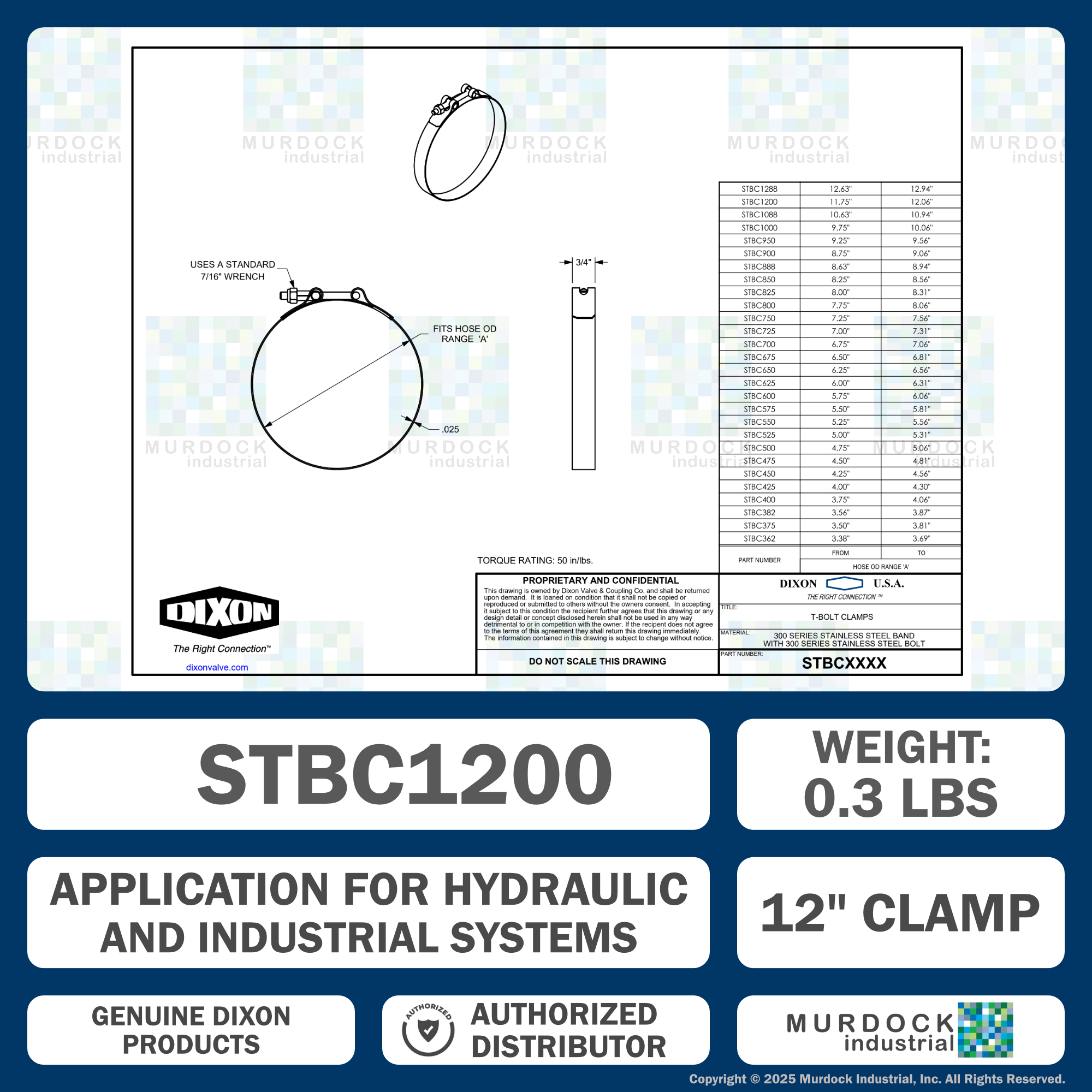 STBC1200 by Dixon Valve | Style STBC | T-Bolt Clamp | 3/4" Band Width | Hose OD Range: from 11.75" to 12.06" | 300 Stainless Steel Band & Bolt