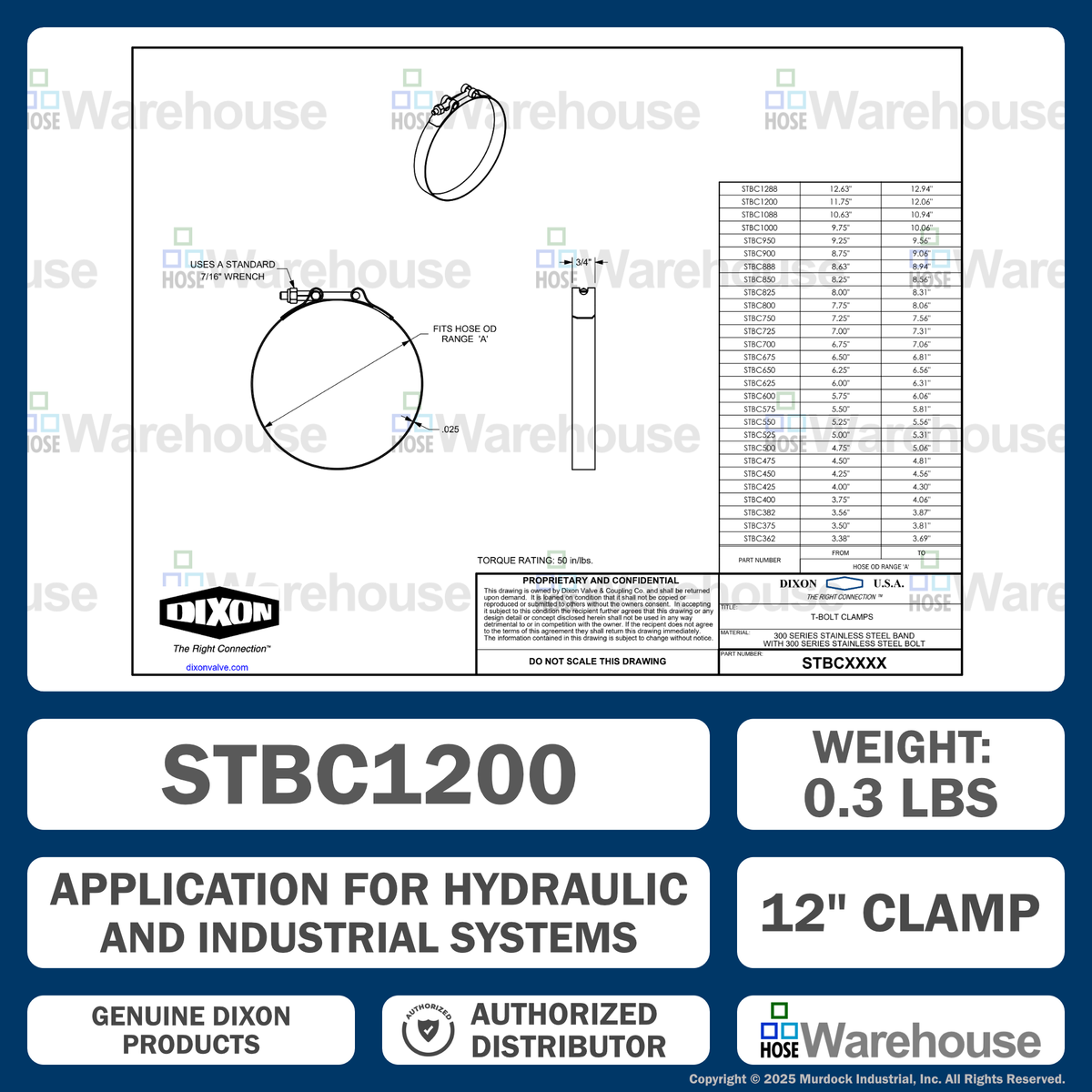 STBC1200 by Dixon Valve | Style STBC | T-Bolt Clamp | 3/4" Band Width | Hose OD Range: from 11.75" to 12.06" | 300 Stainless Steel Band & Bolt