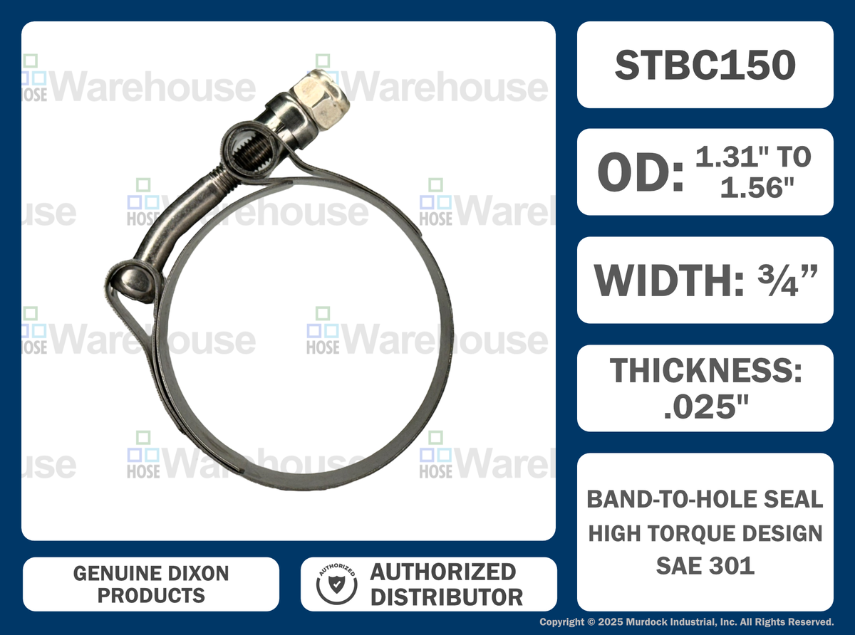 STBC150 by Dixon Valve | Style STBC | T-Bolt Clamp | 3/4" Band Width | Hose OD Range: from 1.31" to 1.56" | 300 Stainless Steel Band & Bolt