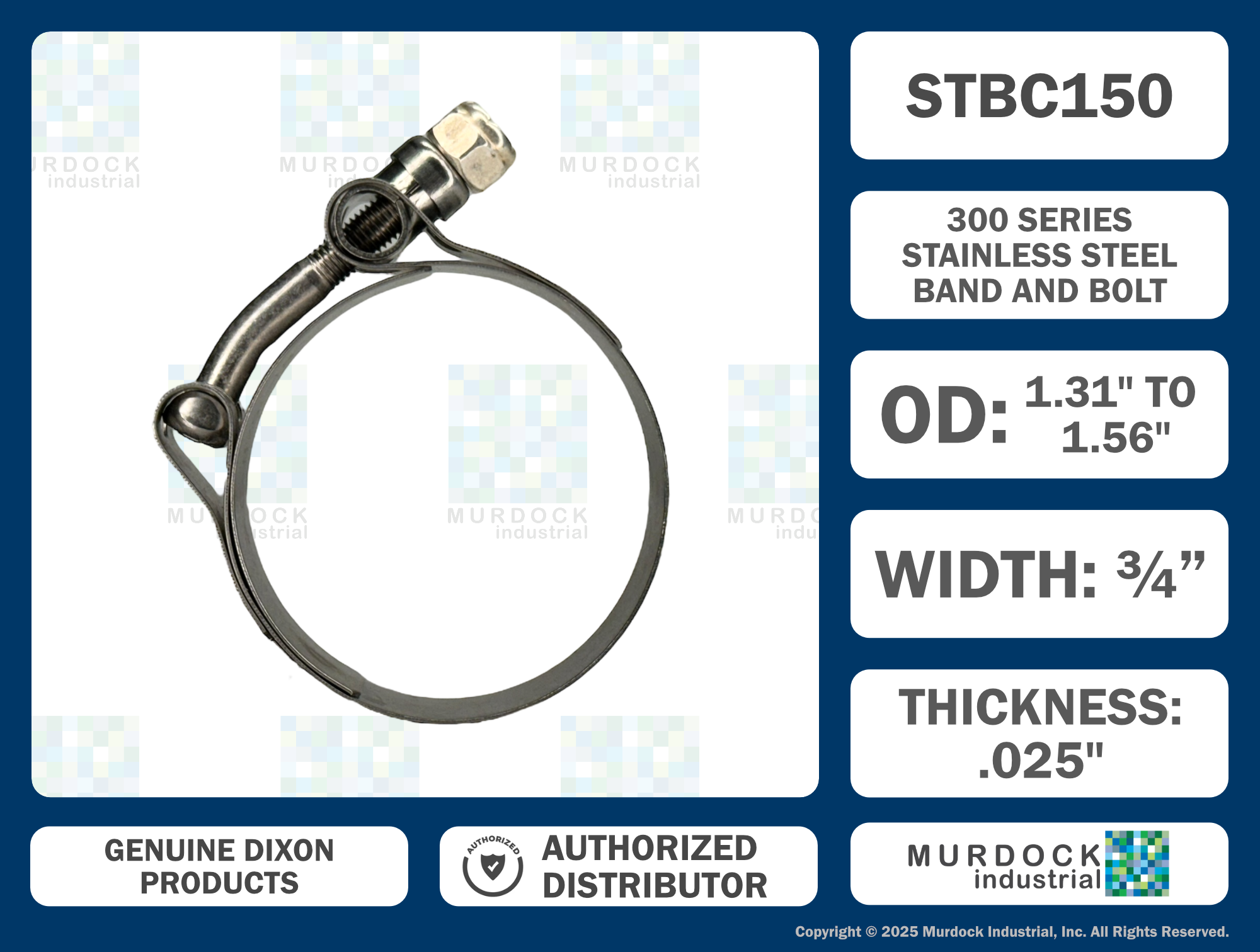 STBC150 by Dixon Valve | Style STBC | T-Bolt Clamp | 3/4" Band Width | Hose OD Range: from 1.31" to 1.56" | 300 Stainless Steel Band & Bolt