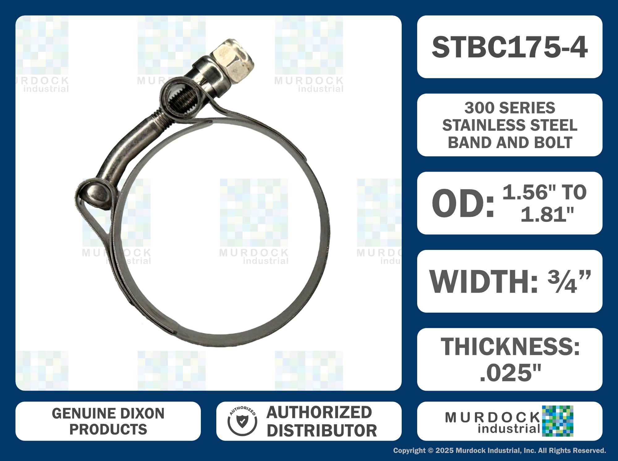 STBC175 by Dixon Valve | Style STBC | T-Bolt Clamp | 3/4" Band Width | Hose OD Range: from 1.56" to 1.81" | 300 Stainless Steel Band & Bolt