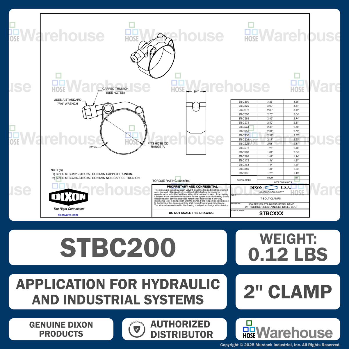 STBC200 by Dixon Valve | Style STBC | T-Bolt Clamp | 3/4" Band Width | Hose OD Range: from 1.81" to 2.06" | 300 Stainless Steel Band & Bolt