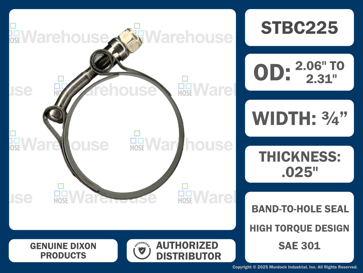 STBC225 by Dixon Valve | Style STBC | T-Bolt Clamp | 3/4" Band Width | Hose OD Range: from 2.06" to 2.31" | 300 Stainless Steel Band & Bolt