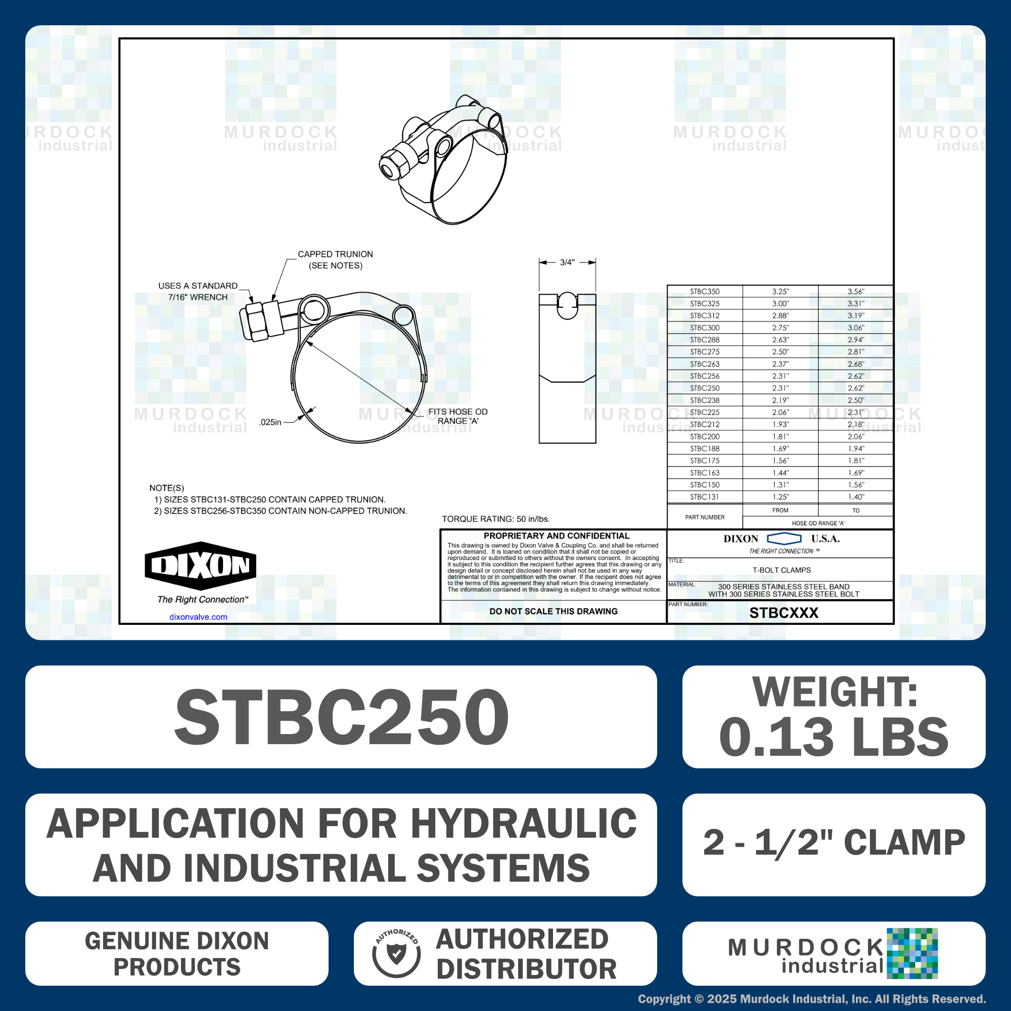 STBC250 by Dixon Valve | Style STBC | T-Bolt Clamp | 3/4" Band Width | Hose OD Range: from 2.31" to 2.62" | 300 Stainless Steel Band & Bolt