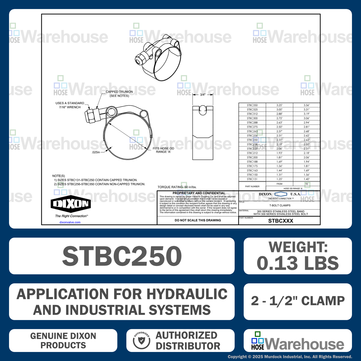 STBC250 by Dixon Valve | Style STBC | T-Bolt Clamp | 3/4" Band Width | Hose OD Range: from 2.31" to 2.62" | 300 Stainless Steel Band & Bolt
