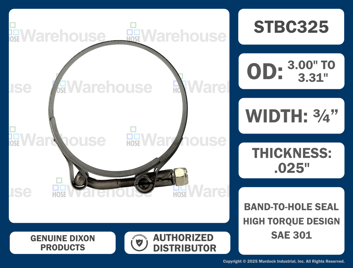 STBC325 by Dixon Valve | Style STBC | T-Bolt Clamp | 3/4" Band Width | Hose OD Range: from 3.00" to 3.31" | 300 Stainless Steel Band & Bolt