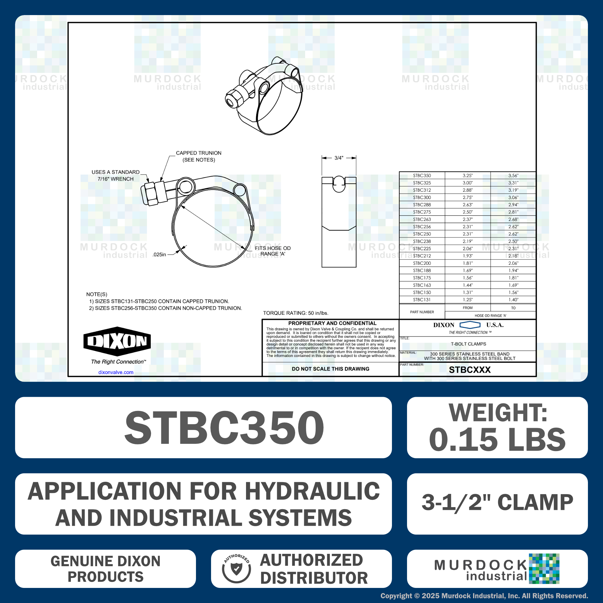 STBC350 by Dixon Valve | Style STBC | T-Bolt Clamp | 3/4" Band Width | Hose OD Range: from 3.25" to 3.56" | 300 Stainless Steel Band & Bolt