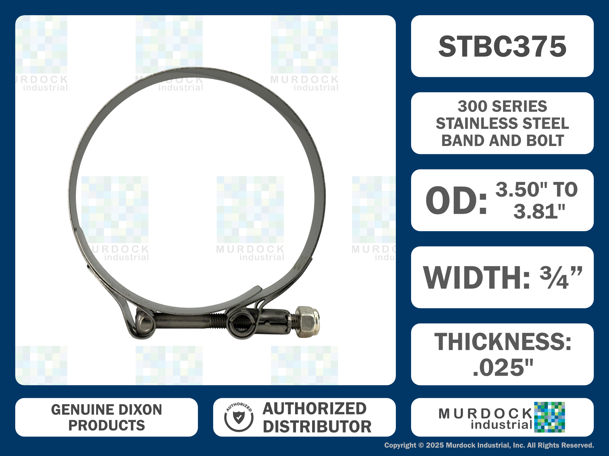STBC375 by Dixon Valve | Style STBC | T-Bolt Clamp | 3/4" Band Width | Hose OD Range: from 3.50" to 3.81" | 300 Stainless Steel Band & Bolt