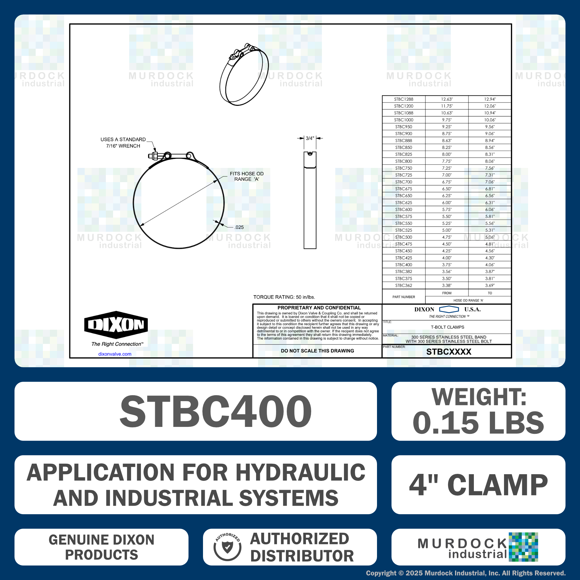 STBC400 by Dixon Valve | Style STBC | T-Bolt Clamp | 3/4" Band Width | Hose OD Range: from 3.75" to 4.06" | 300 Stainless Steel Band & Bolt