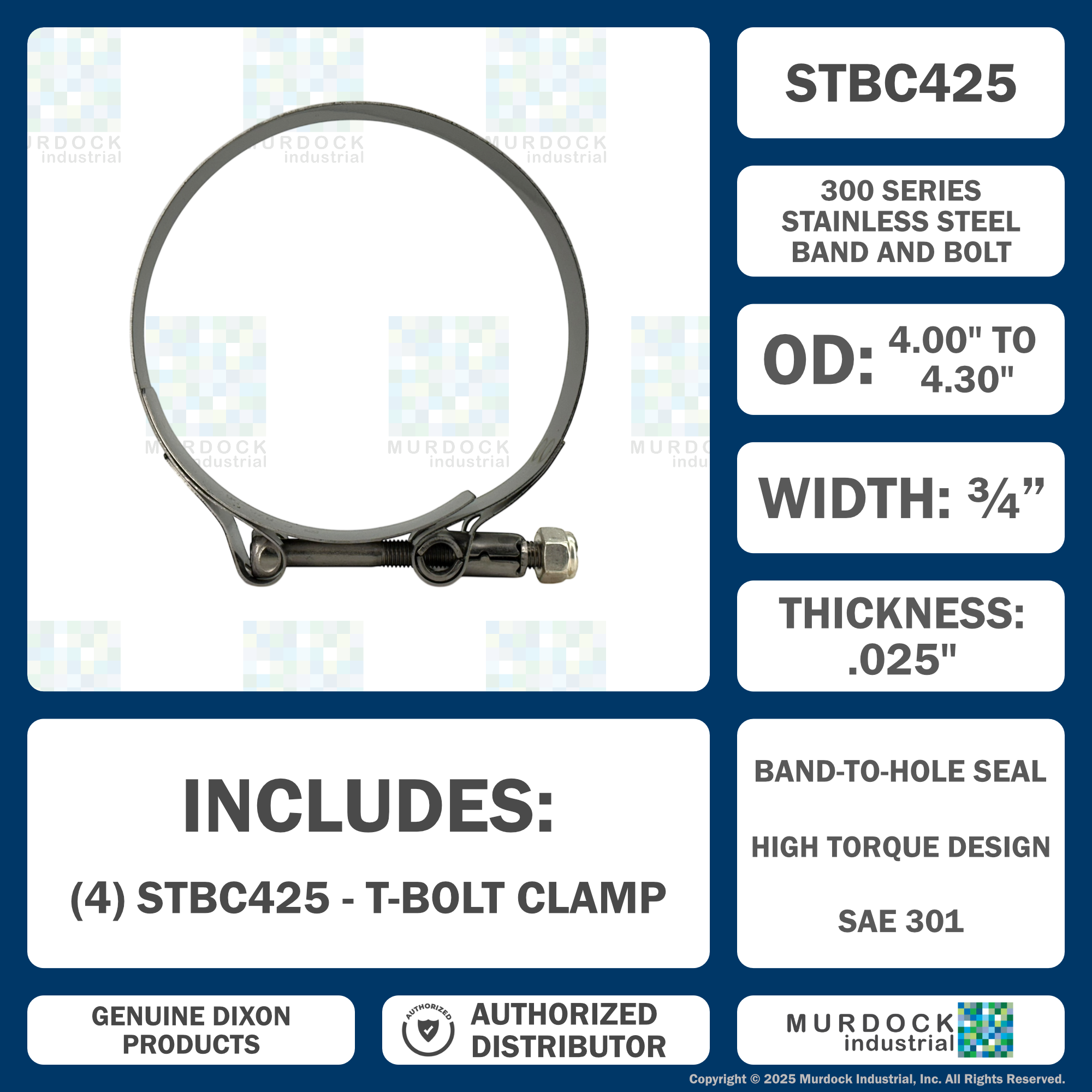 STBC425 by Dixon Valve | Style STBC | T-Bolt Clamp | 3/4" Band Width | Hose OD Range: from 4.00" to 4.30" | 300 Stainless Steel Band & Bolt