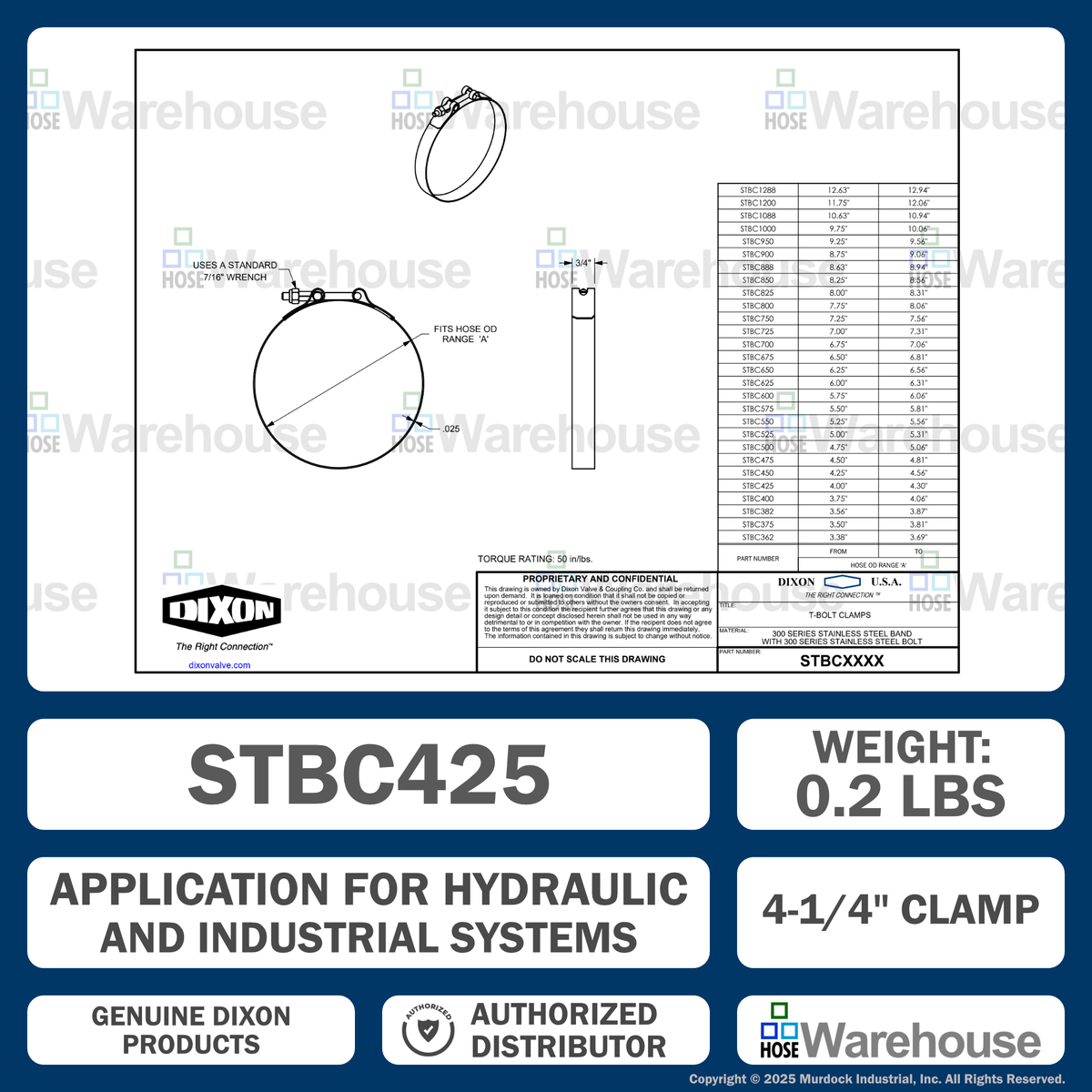 STBC425 by Dixon Valve | Style STBC | T-Bolt Clamp | 3/4" Band Width | Hose OD Range: from 4.00" to 4.30" | 300 Stainless Steel Band & Bolt