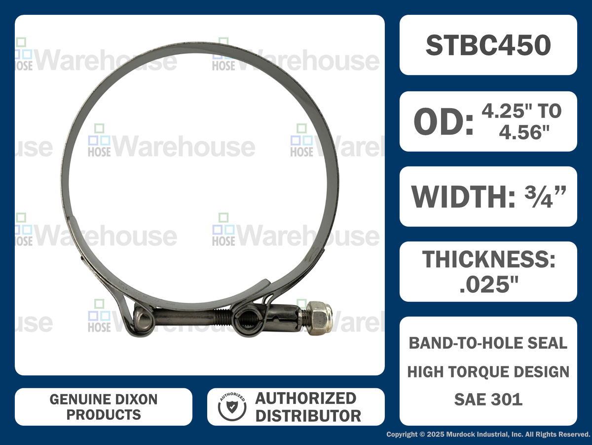 STBC450 by Dixon Valve | Style STBC | T-Bolt Clamp | 3/4" Band Width | Hose OD Range: from 4.25" to 4.56" | 300 Stainless Steel Band & Bolt