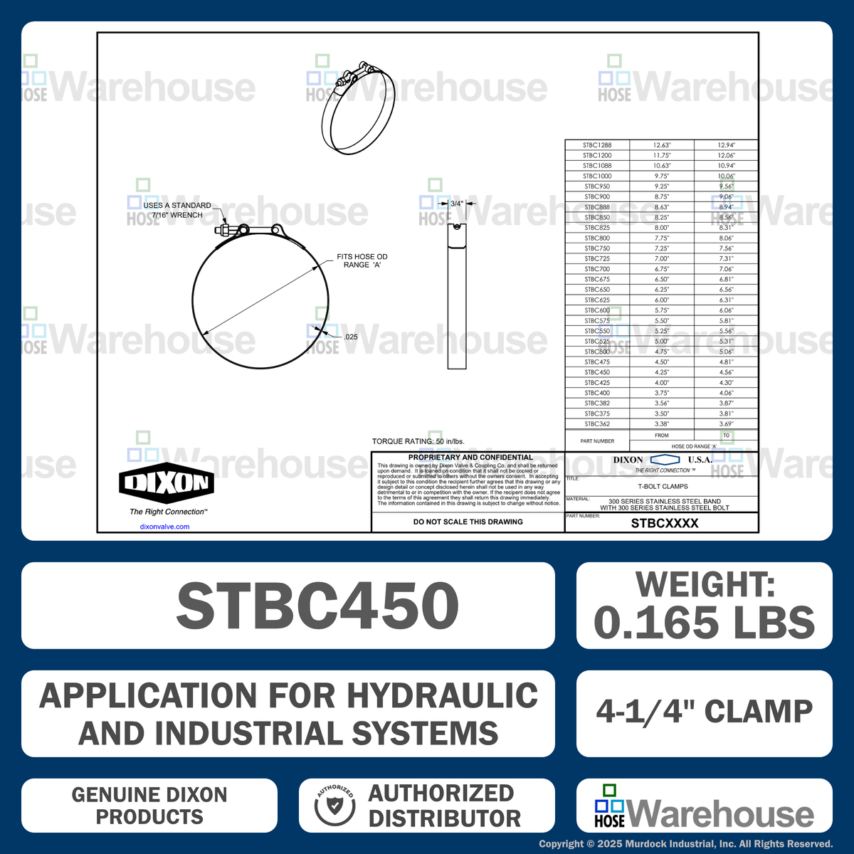 STBC450 by Dixon Valve | Style STBC | T-Bolt Clamp | 3/4" Band Width | Hose OD Range: from 4.25" to 4.56" | 300 Stainless Steel Band & Bolt