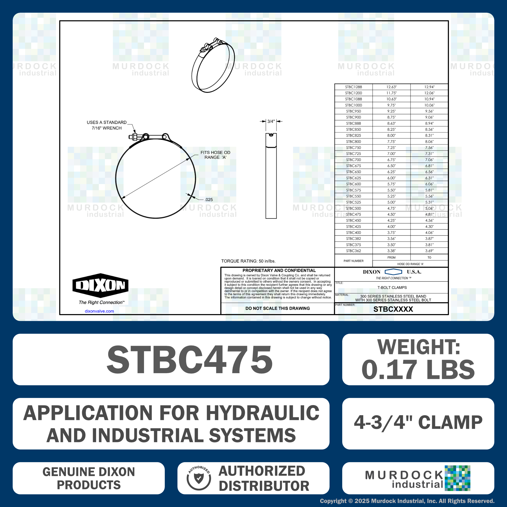 STBC475 by Dixon Valve | Style STBC | T-Bolt Clamp | 3/4" Band Width | Hose OD Range: from 4.50" to 4.81" | 300 Stainless Steel Band & Bolt