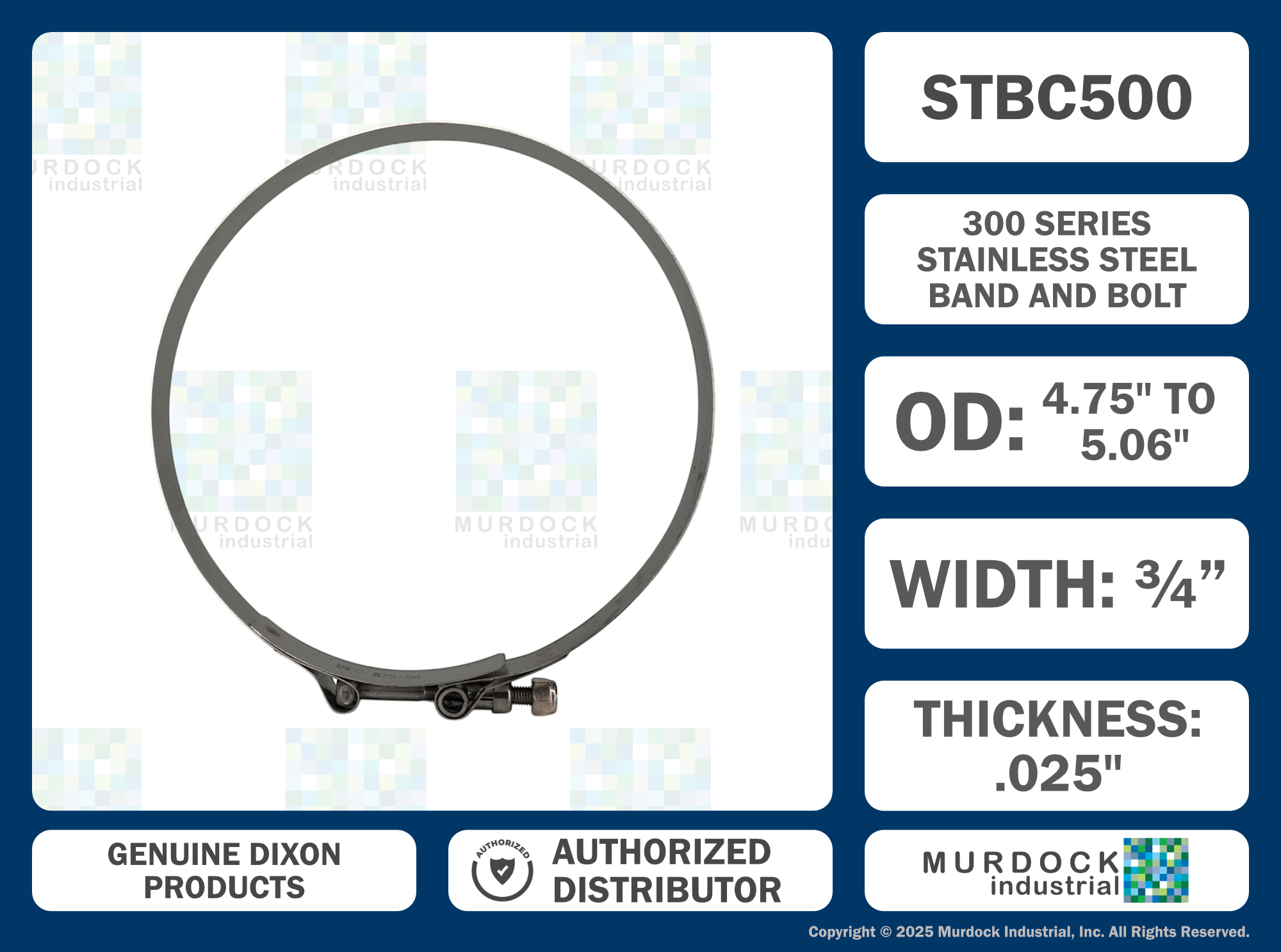 STBC500 by Dixon Valve | Style STBC | T-Bolt Clamp | 3/4" Band Width | Hose OD Range: from 4.75" to 5.06" | 300 Stainless Steel Band & Bolt