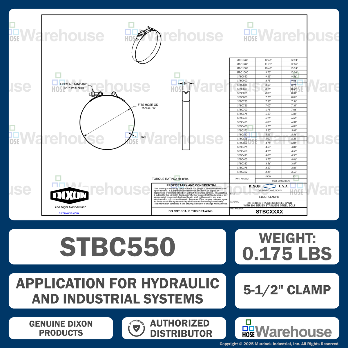 STBC550 by Dixon Valve | Style STBC | T-Bolt Clamp | 3/4" Band Width | Hose OD Range: from 5.25" to 5.56" | 300 Stainless Steel Band & Bolt