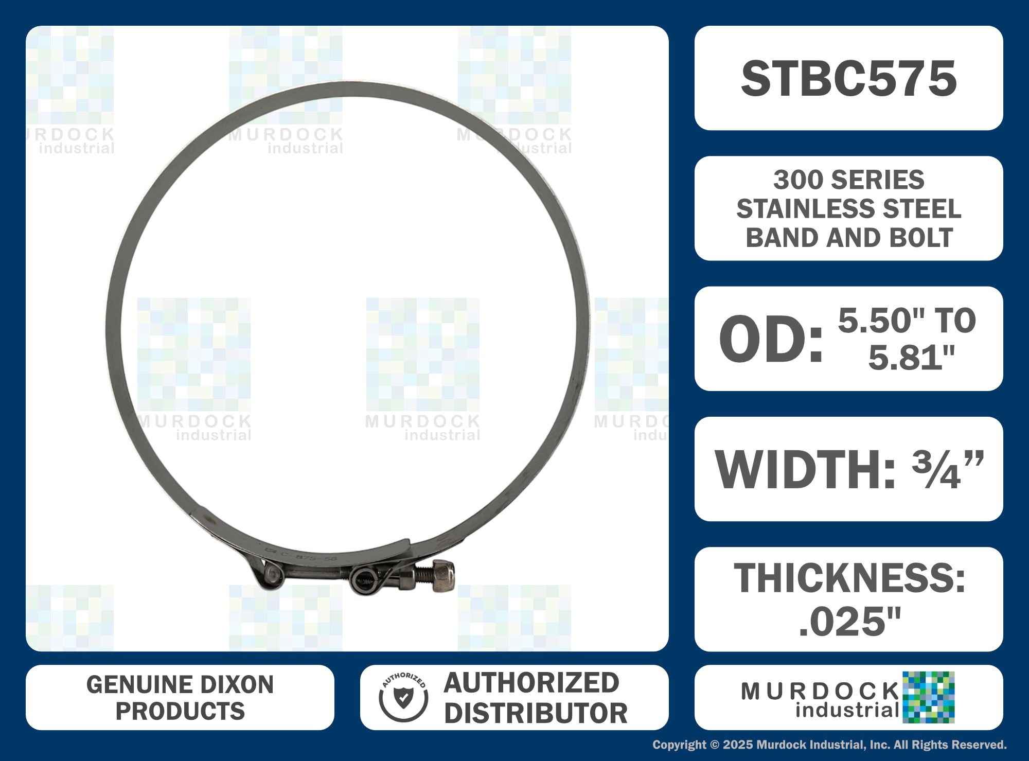 STBC575 by Dixon Valve | Style STBC | T-Bolt Clamp | 3/4" Band Width | Hose OD Range: from 5.50" to 5.81" | 300 Stainless Steel Band & Bolt