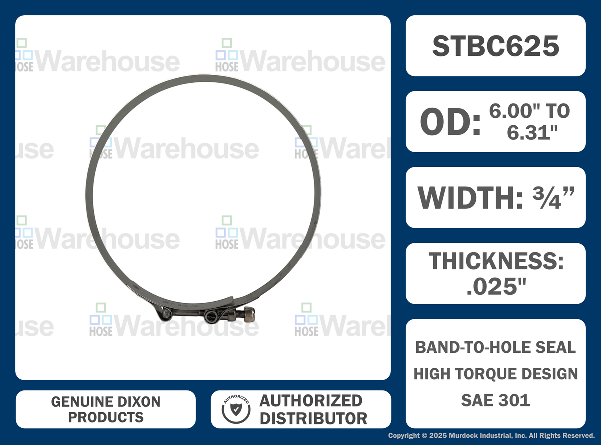 STBC625 by Dixon Valve | Style STBC | T-Bolt Clamp | 3/4" Band Width | Hose OD Range: from 6.00" to 6.31" | 300 Stainless Steel Band & Bolt