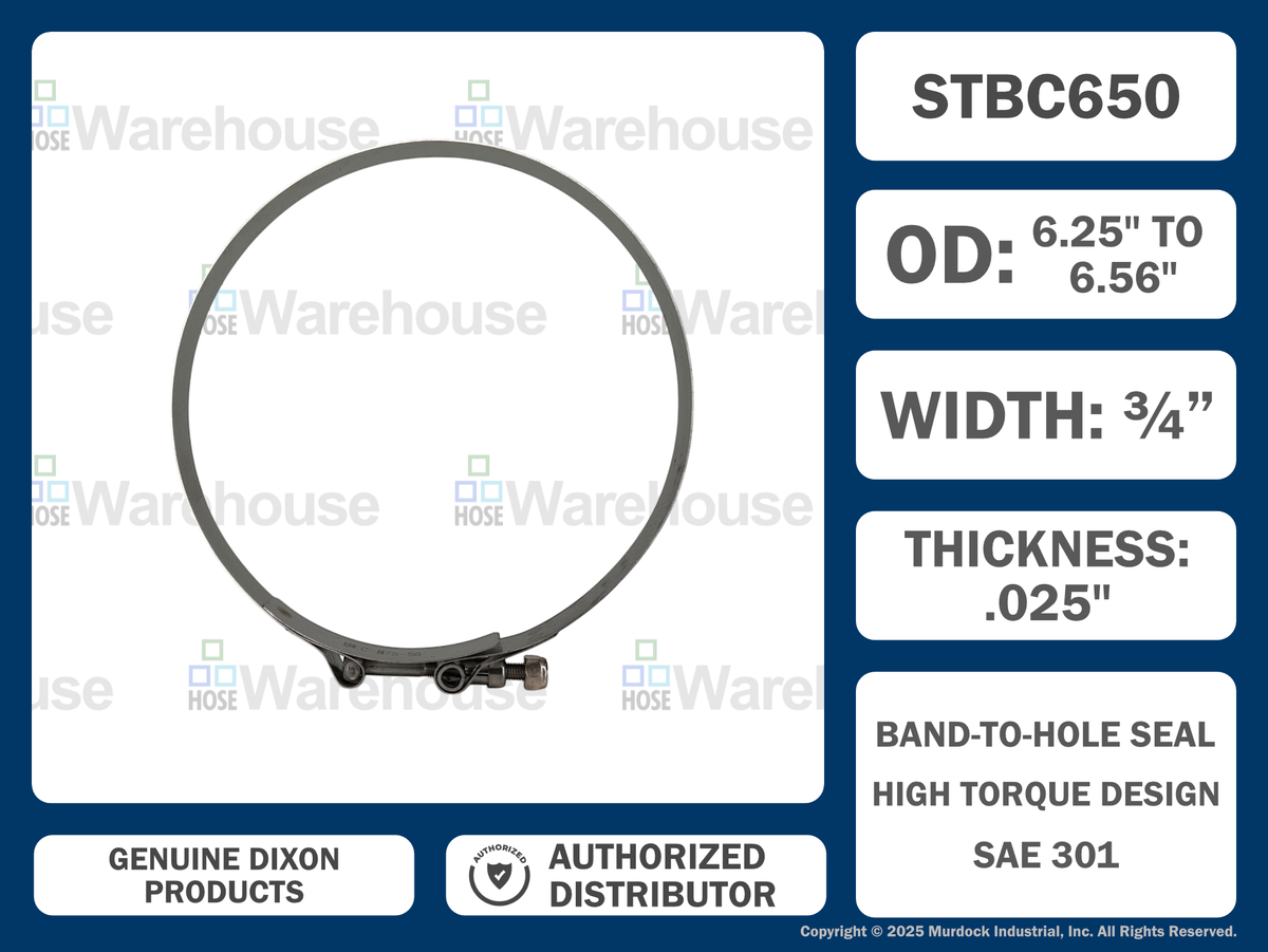 STBC650 by Dixon Valve | Style STBC | T-Bolt Clamp | 3/4" Band Width | Hose OD Range: from 6.25" to 6.56" | 300 Stainless Steel Band & Bolt