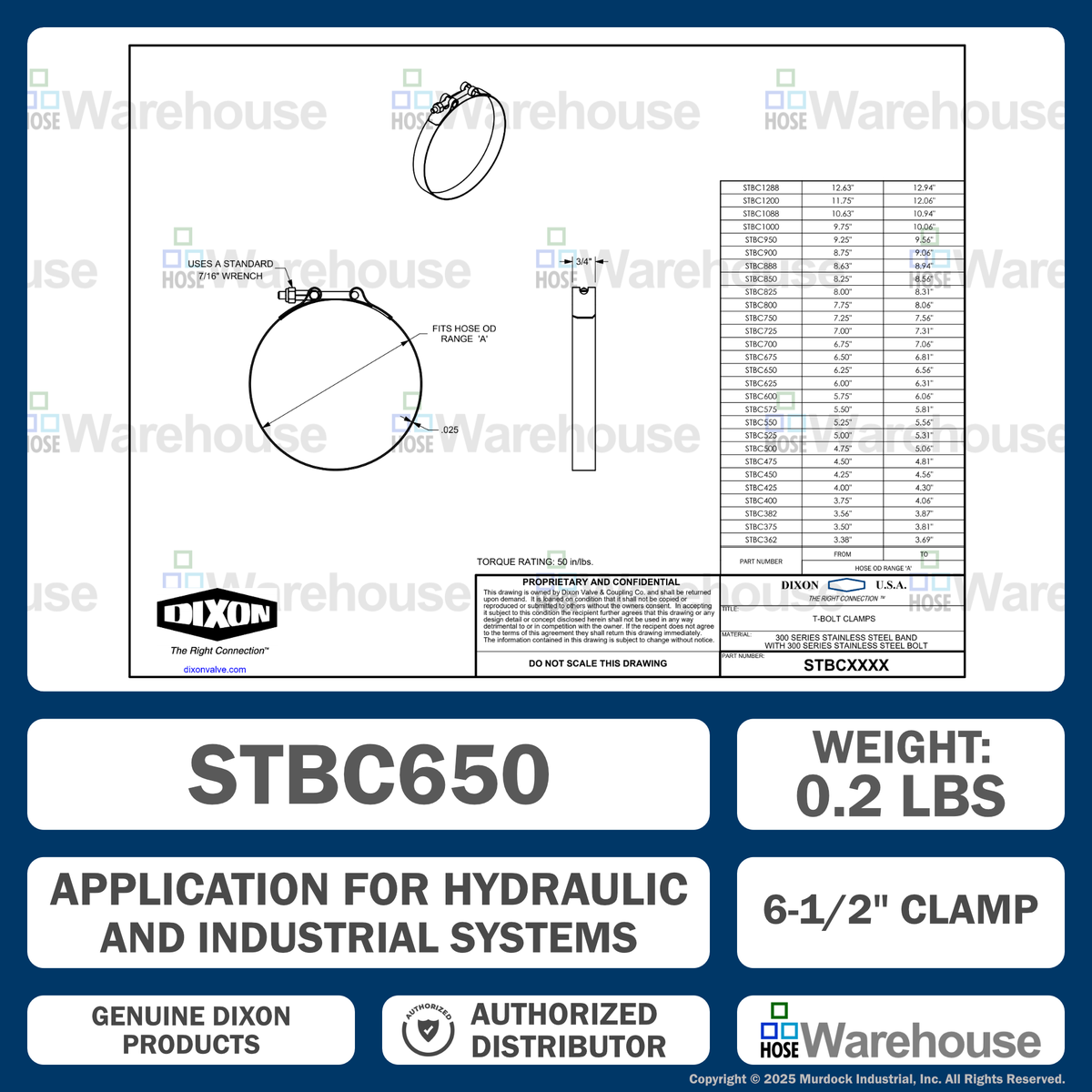 STBC650 by Dixon Valve | Style STBC | T-Bolt Clamp | 3/4" Band Width | Hose OD Range: from 6.25" to 6.56" | 300 Stainless Steel Band & Bolt