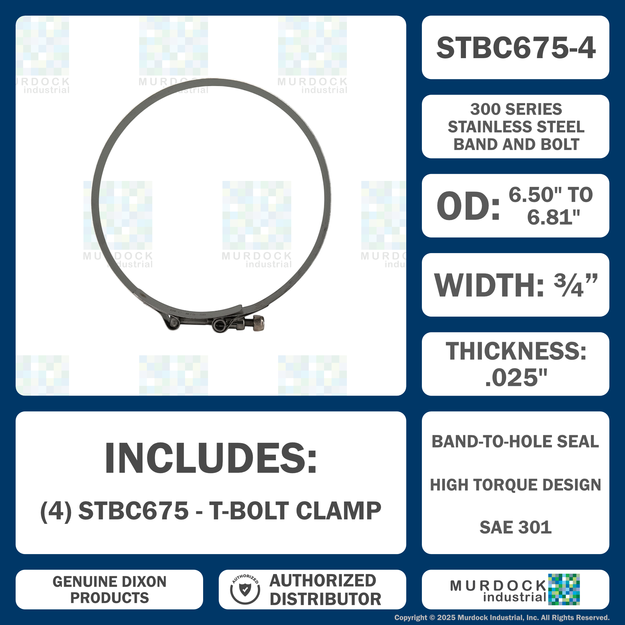 STBC675 by Dixon Valve | Style STBC | T-Bolt Clamp | 3/4" Band Width | Hose OD Range: from 6.50" to 6.81" | 300 Stainless Steel Band & Bolt